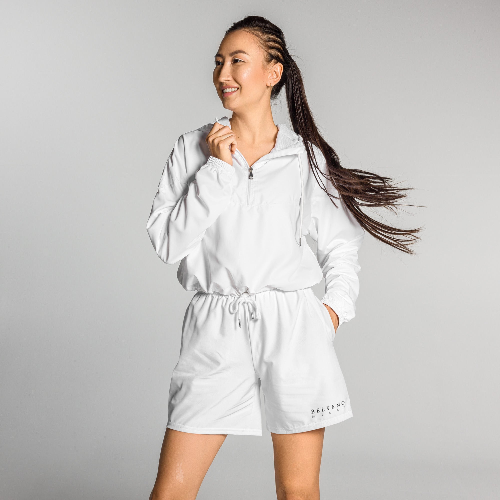 White All-Over Print Unisex Athletic Long Shorts - BELVANO Milan