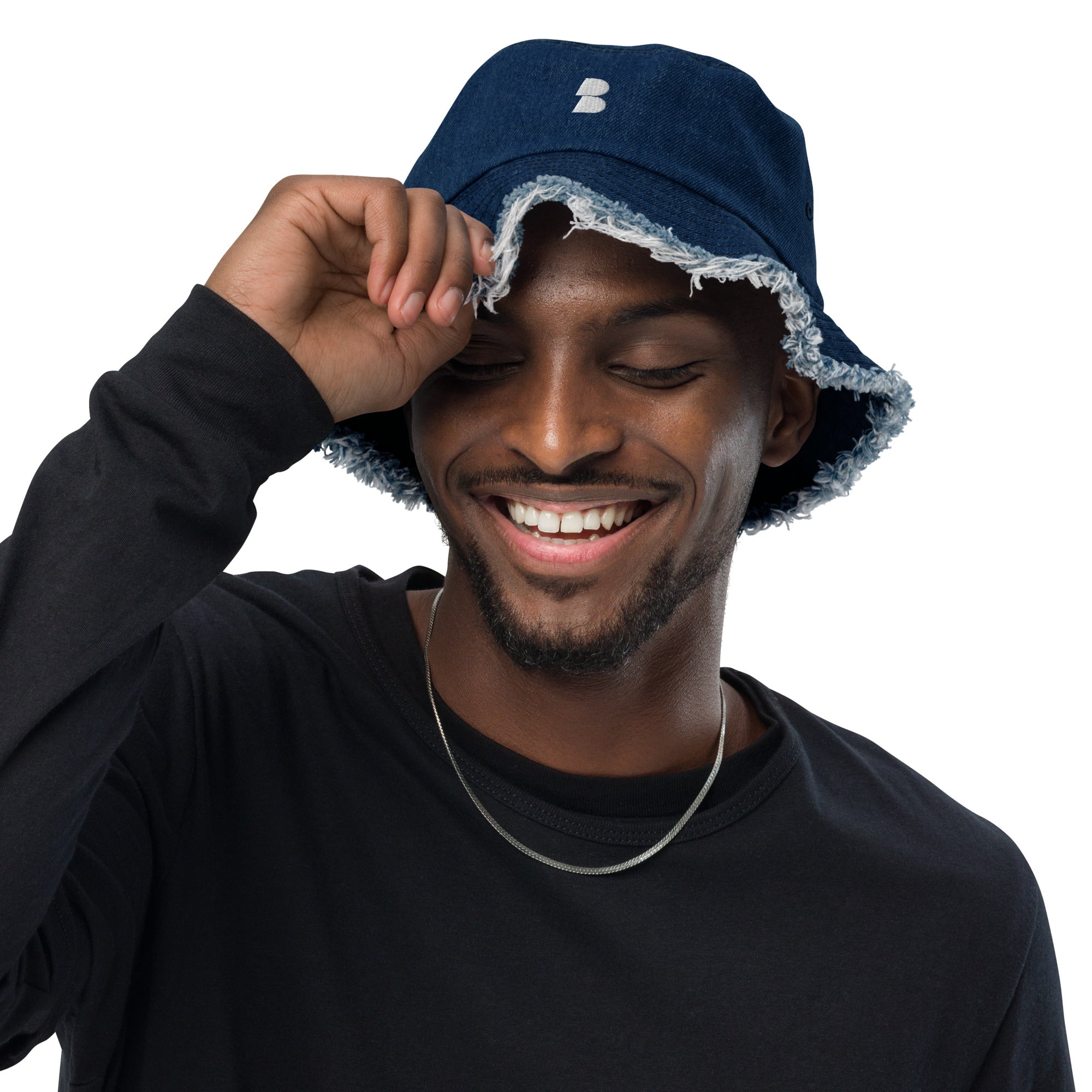 Navy Distressed denim bucket hat - BELVANO Milan